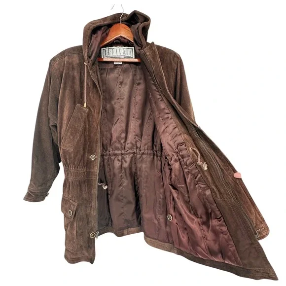 VTG Chocolate Brown Suede Jacket Hooded Leather Parka Oversized Sz S BB Dakota - Picture 6 of 14